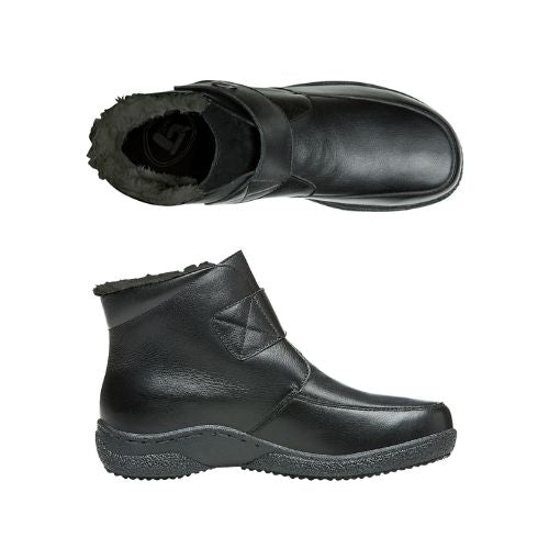 Pair of A black ankle boots with leather upper, an adjustable Velcro closure, and a black rubber outsole.
