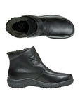 Pair of A black ankle boots with leather upper, an adjustable Velcro closure, and a black rubber outsole.
