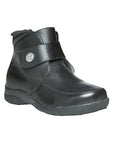 A black ankle boot with leather upper, an adjustable Velcro closure, and a black rubber outsole.