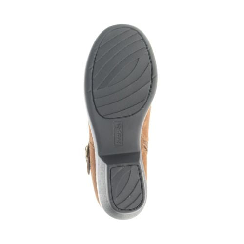 Black light treaded outsole of low heel ankle boot with Propet logo stamped in middle.