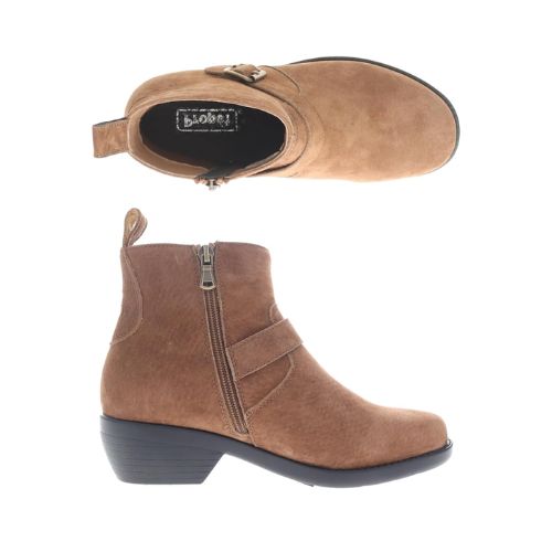 Pair of brown suede ankle boots with a zipper on the side and a low heel.