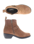 Pair of brown suede ankle boots with a zipper on the side and a low heel.