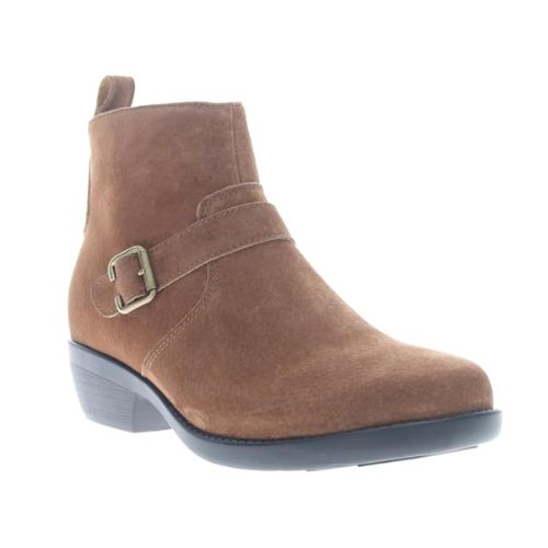 A brown suede ankle boot with a zipper on the side and a low heel.