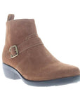 A brown suede ankle boot with a zipper on the side and a low heel.