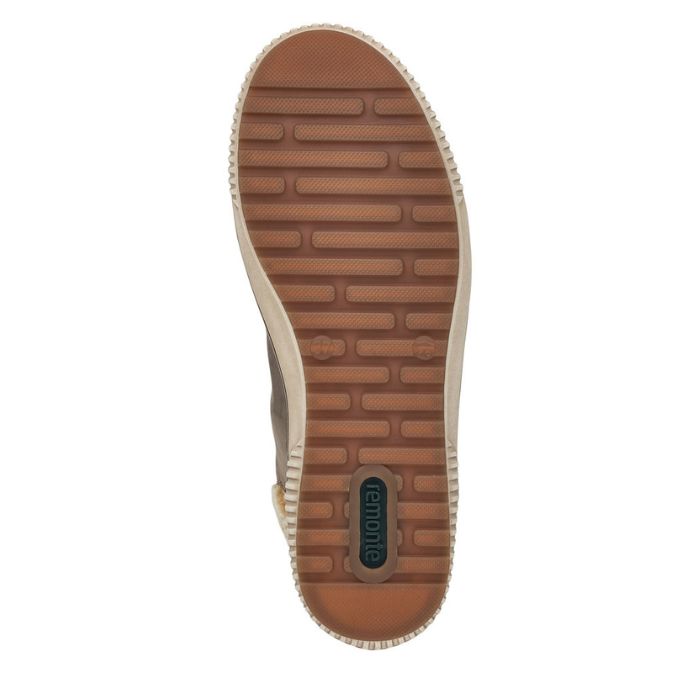 Brown rubber outsole with green Remonte logo on heel.