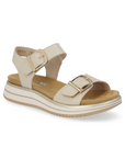 Beige Remonte back strap sandal with adjustable ankle strap and gold buckles.