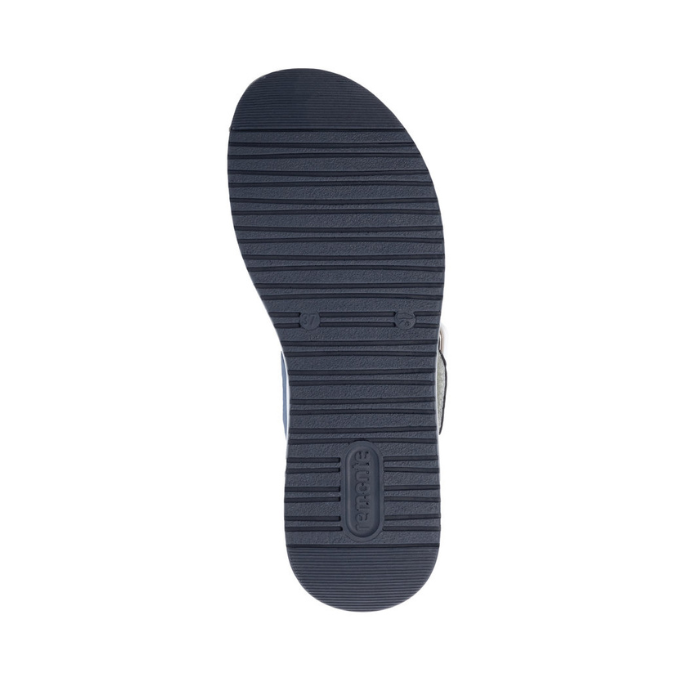 Blue line pattern treaded outsole with Remonte logo stamped on heel.