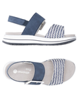 Pair of Navy and white backstrap sandals with a zig-zag striped strap and white square buckle on white and blue striped platform outsole.