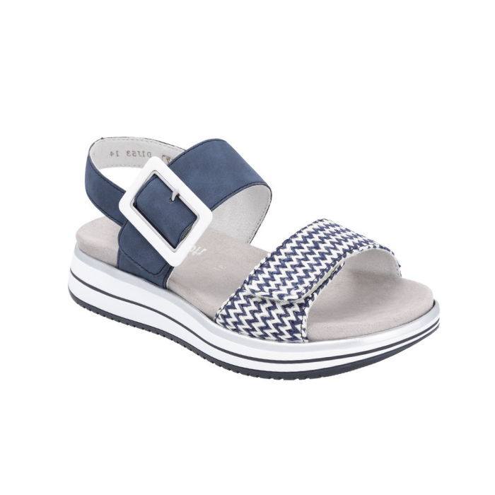 Navy and white backstrap sandal with a zig-zag striped strap and white square buckle on white and blue striped platform outsole.