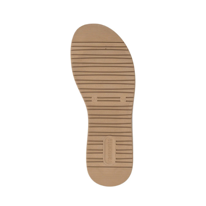 Tan outsole with line tread pattern and Remonte logo on heel.