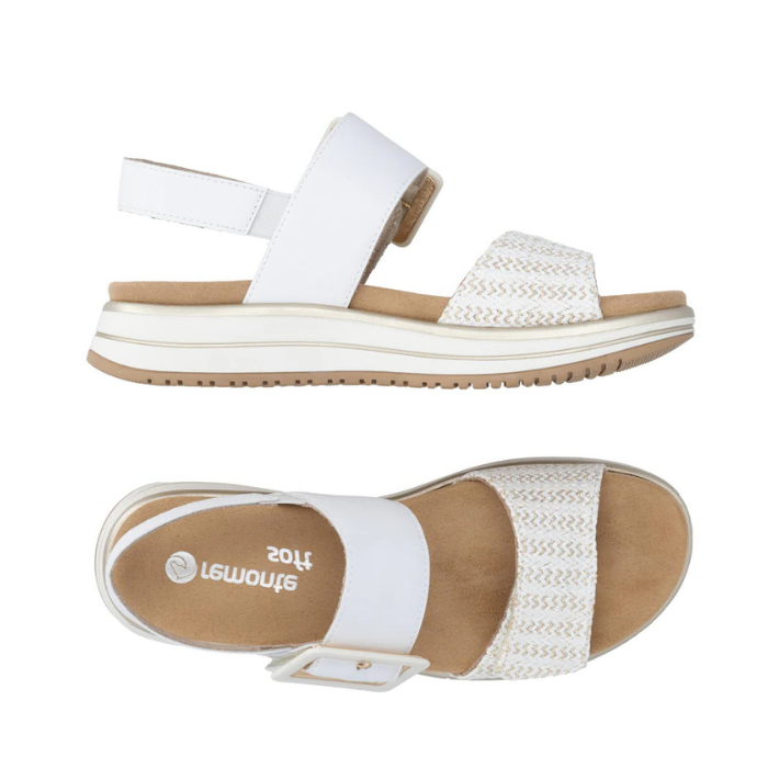 Pair of White backstrap sandals with a zig-zag striped gold strap and white square buckle on white and gold striped platform outsole.