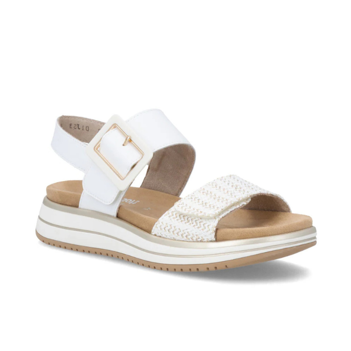 White backstrap sandal with a zig-zag striped gold strap and white square buckle on white and gold striped platform outsole.