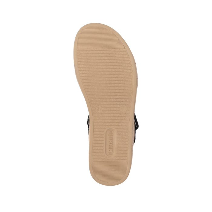 Tan outsole with line pattern and Remonte logo stamped in heel.