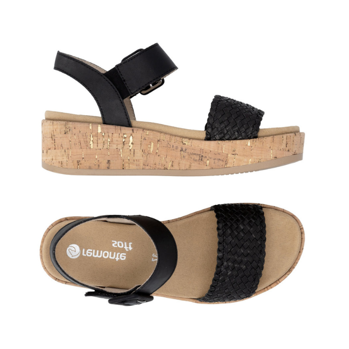 Pair of Black wedge sandals with  black woven toe strap, buckled back strap, tan Remonte logo's footbed, faux cork midsole and tan outsole.
