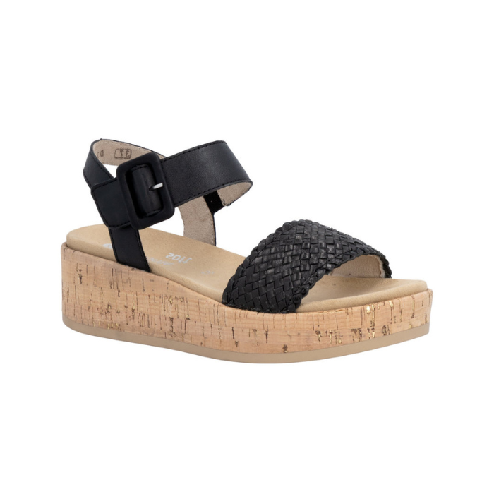 Black wedge sandal with  black woven toe strap, buckled back strap, tan Remonte logo's footbed, faux cork midsole and tan outsole.