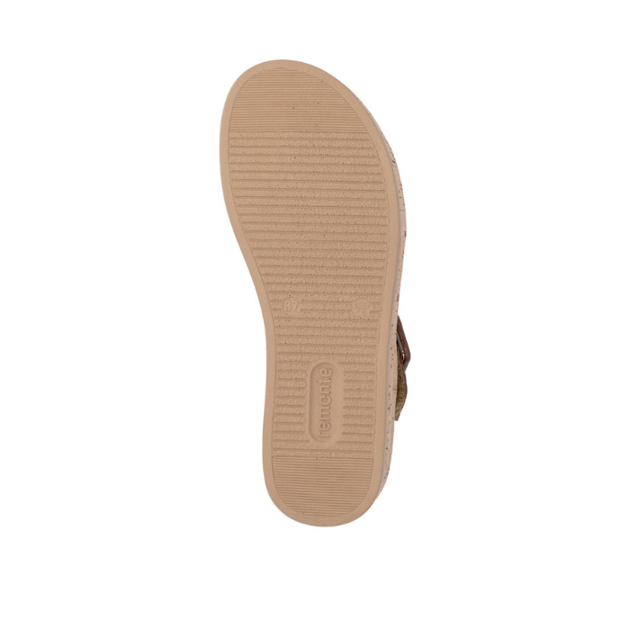 Tan outsole with line tread pattern and Remonte logo on heel.