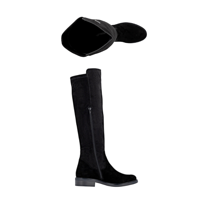 Pair of Black suede knee high boots with black low heel outsole.