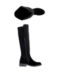 Pair of Black suede knee high boots with black low heel outsole.
