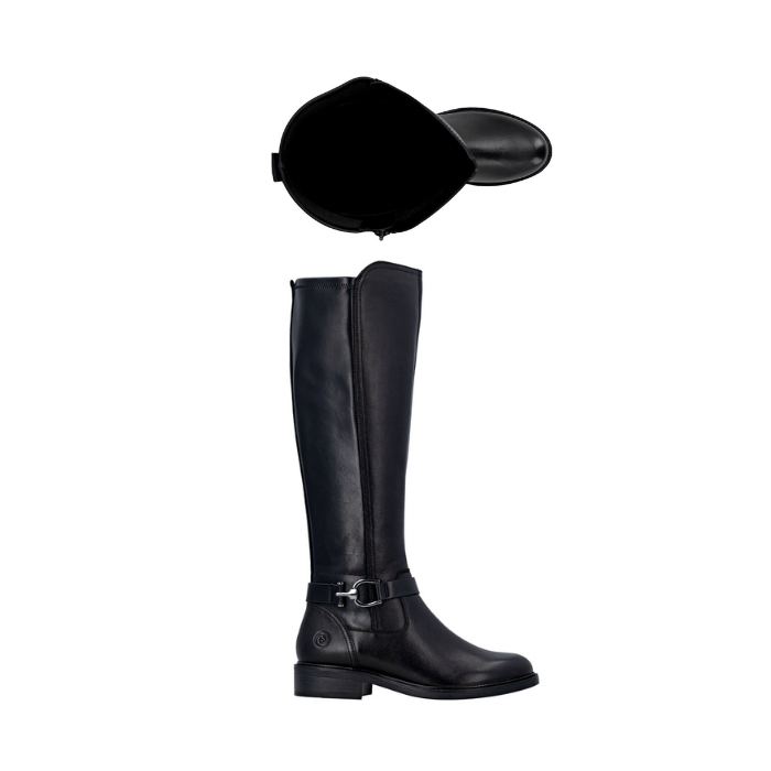 Pair of black knee-high boots with a buckle strap at ankle, side zipper and black outsole.