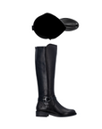 Pair of black knee-high boots with a buckle strap at ankle, side zipper and black outsole.