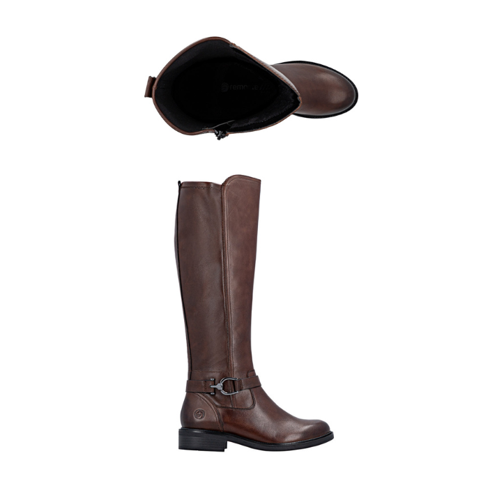Pair of Brown knee-high boots with a buckle strap at ankle, side zipper and black outsole.