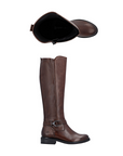 Pair of Brown knee-high boots with a buckle strap at ankle, side zipper and black outsole.