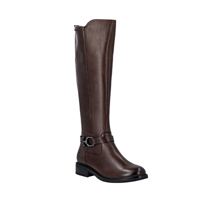 Brown knee-high boot with a buckle strap at ankle and black outsole.