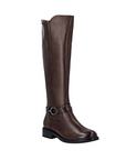 Brown knee-high boot with a buckle strap at ankle and black outsole.