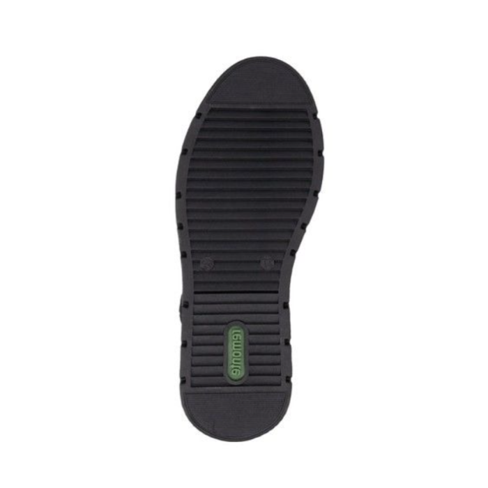 Black line treaded outsole with green Remonte logo stamped in heel.