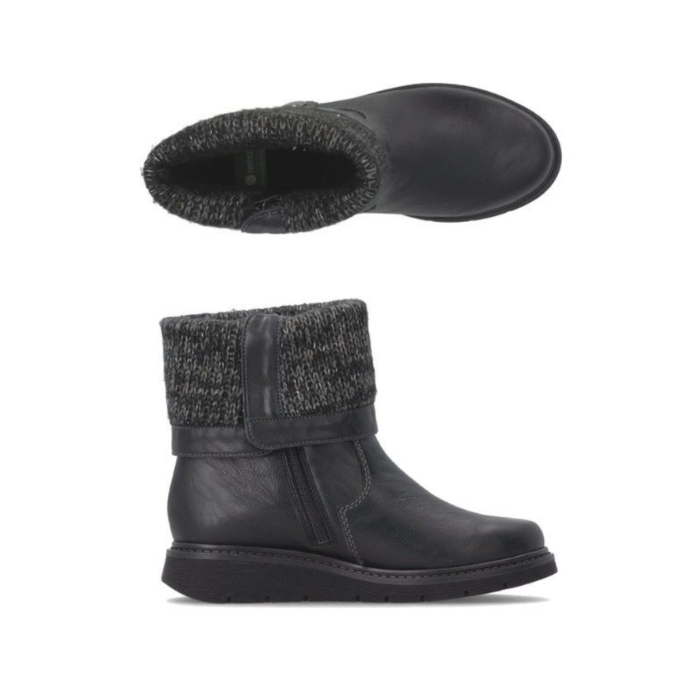 Pair of black ankle boots with a dark gray and black knit cuff, inside zipper, and a black outsole.