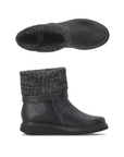 Pair of black ankle boots with a dark gray and black knit cuff, inside zipper, and a black outsole.