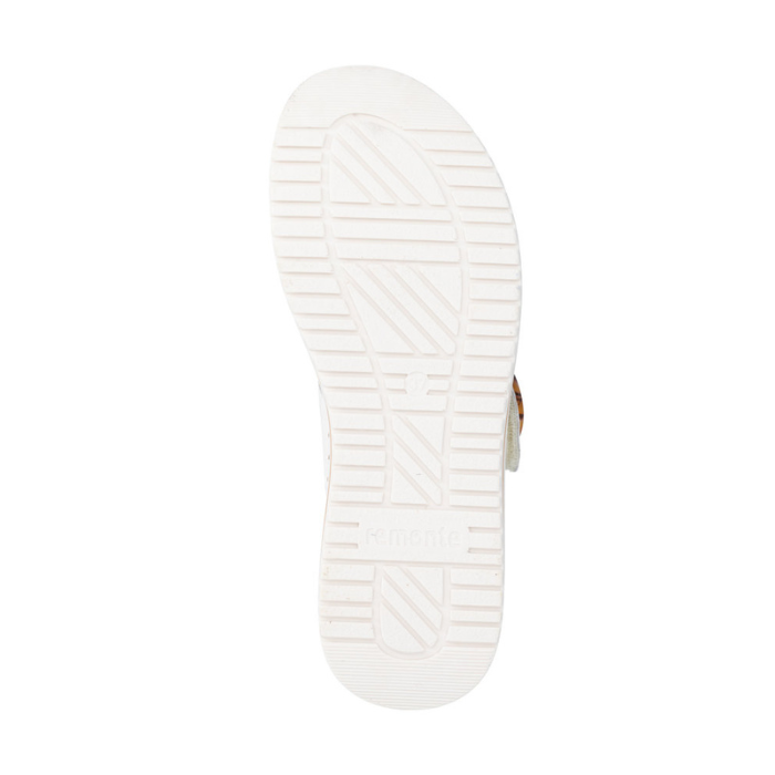 White geometric patteened sandal with Remonte logo on heel.