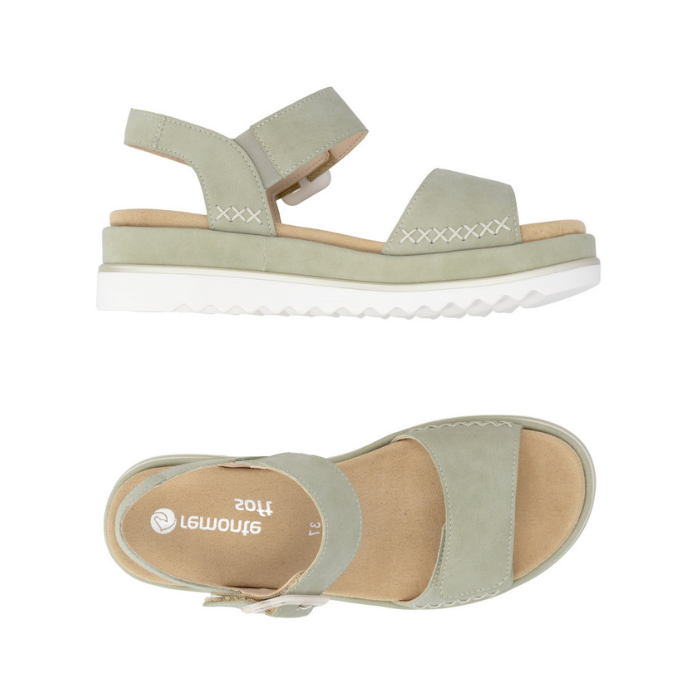 Pair of Green backstrap sandals with beige buckle detail. accent "X" stitching, tan Remonte logo'd footbed and white outsole.