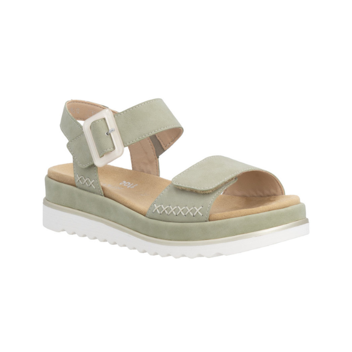 Green backstrap sandal with beige buckle detail. accent "X" stitching, tan Remonte logo'd footbed and white outsole.
