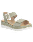 Green backstrap sandal with beige buckle detail. accent "X" stitching, tan Remonte logo'd footbed and white outsole.