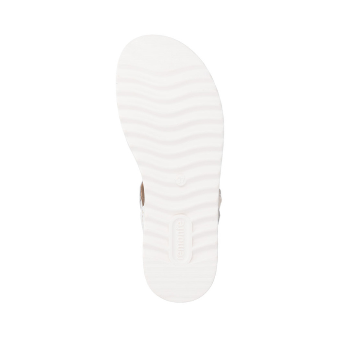 White wave patterned tread on sandal outsole with Remonte logo'd stamped on heel.