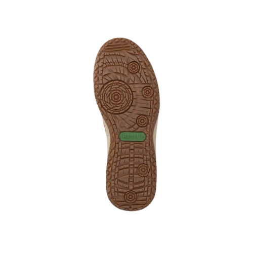 Tan outsole with deep geometric pattern tread and green Remonte logo in the middle.