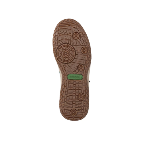 Tan outsole with deep geometric pattern tread and green Remonte logo in the middle.
