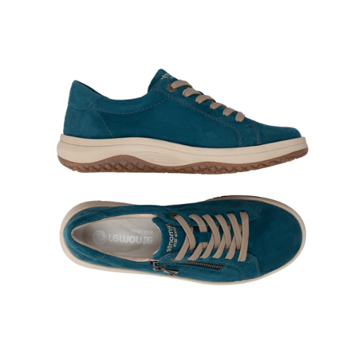 Pair of teal suede sneakers with a side zipper, beige laces, grey accent stitching, cream midsole, and a brown tan outsole.