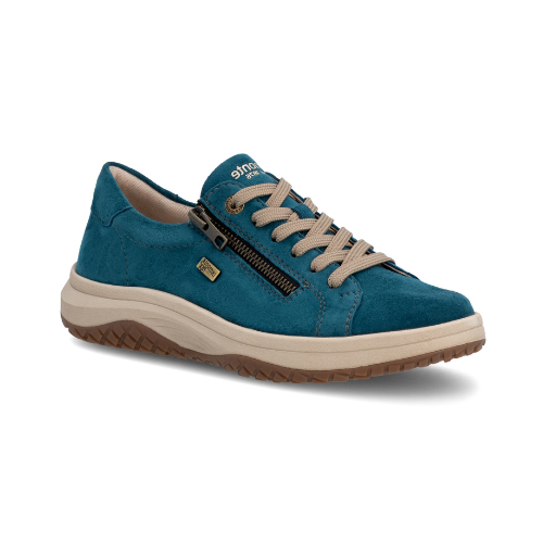 A teal suede sneaker with a side zipper, beige laces, grey accent stitching, cream midsole, and a brown tan outsole.