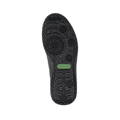 Black deep treaded outsole with green Remonte logo stamped in middle