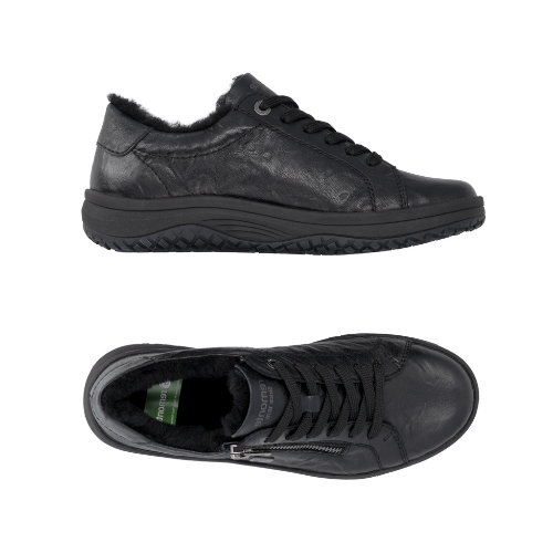 Pair black leather sneakers with a side zipper, black laces, fur lining and black treaded outsole.