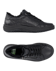 Pair black leather sneakers with a side zipper, black laces, fur lining and black treaded outsole.