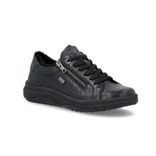 A black leather sneaker with a side zipper, black laces, fur lining and black treaded outsole.