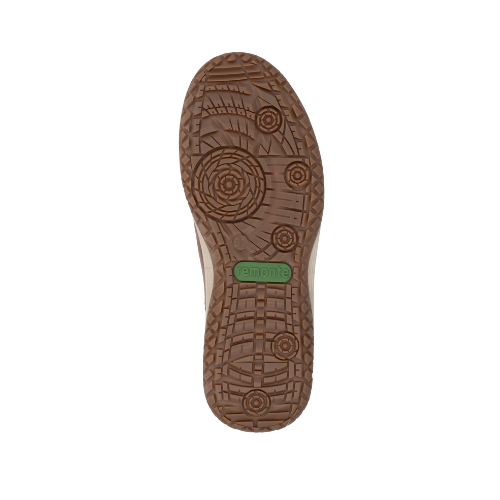 Brown deep treaded outsole with green Remonte logo stamped in middle