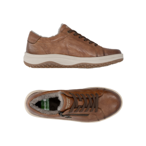 Pair of  brown leather sneakers with a side zipper, brown laces,  cream-colored midsole, fur lining and tan treaded outsole.