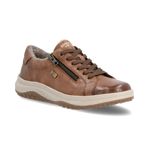 A brown leather sneaker with a side zipper, brown laces,  cream-colored midsole, fur lining and tan treaded outsole.
