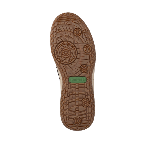 Tan outsole with deep geometric pattern tread and green Remonte logo in the middle.