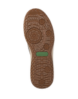 Tan outsole with deep geometric pattern tread and green Remonte logo in the middle.
