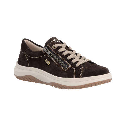 A brown suede sneaker with a side zipper, beige laces, cream accent stitching, cream midsole, and a brown tan outsole.